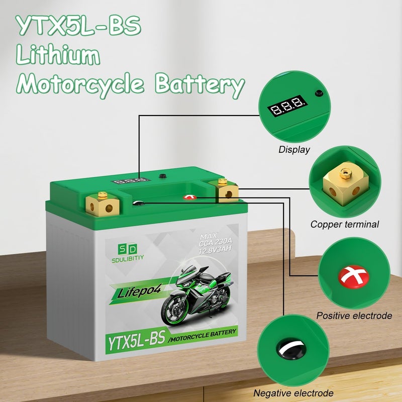SDULIBITIY بطارية دراجة نارية ليثيوم LiFePO4 YTX5L-BS 12.8V 3Ah 230CCA عالية الأداء للرياضات القوية، متوافقة مع ATV، UTV، 4 عجلات، سكوتر، PWC، Seadoo، Polaris وبطارية مولد. - Image 3